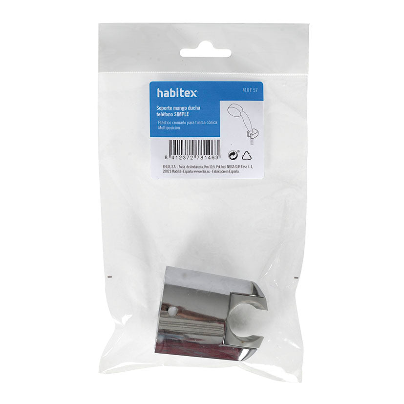 Blíster de venta del soporte de ducha Habitex Simple con detalles técnicos y referencia 410F57.