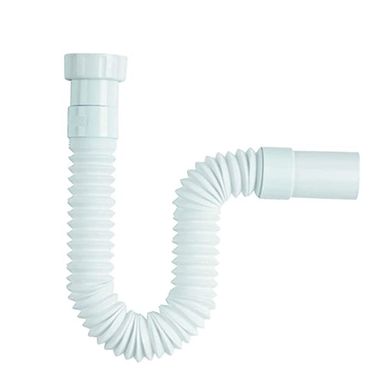 Sifón flexible extensible universal HABITEX blanco de polipropileno para desagües de baño y cocina.