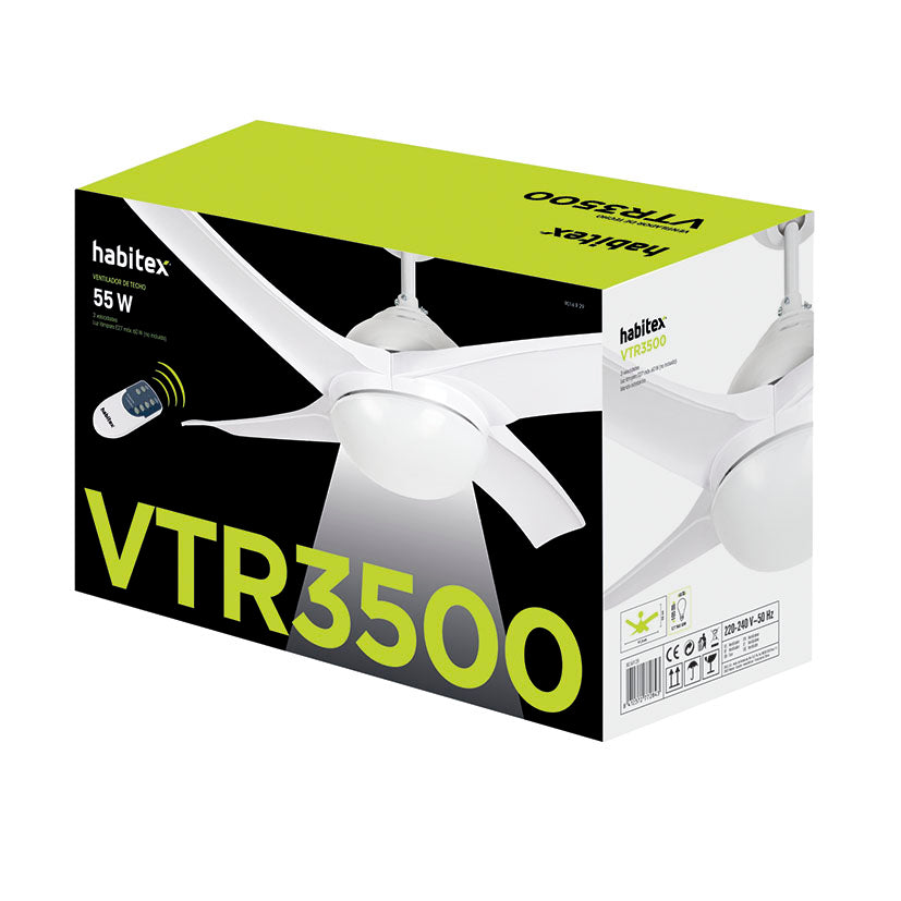 Embalaje original del ventilador de techo Habitex VTR-3500 con especificaciones