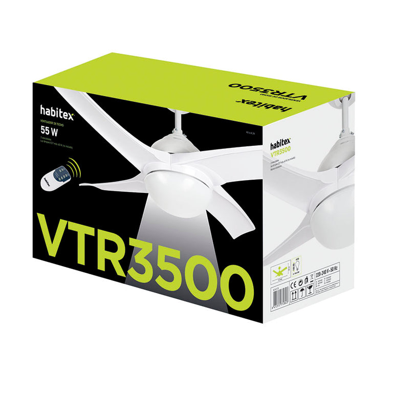 Embalaje original del ventilador de techo Habitex VTR-3500 con especificaciones