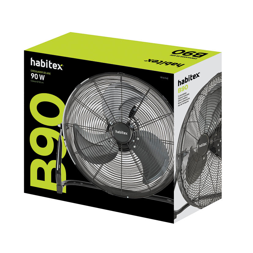 Embalaje comercial del circulador de aire Habitex B90 de 90W con especificaciones técnicas.