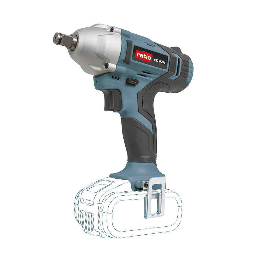 Atornillador de impacto a batería RATIO PRO XF20-I 20V con empuñadura ergonómica y conexión de 1/2 pulgada.