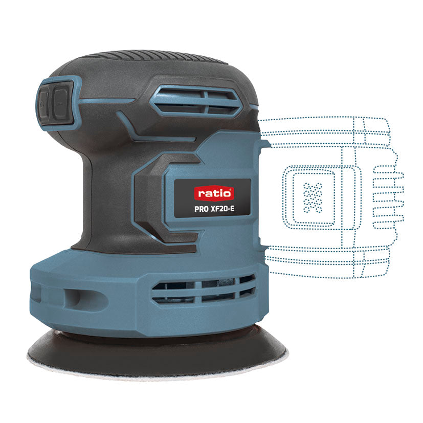 Lijadora excéntrica a batería RATIO PRO XF20-E de 20V con base de 125mm y empuñadura ergonómica.