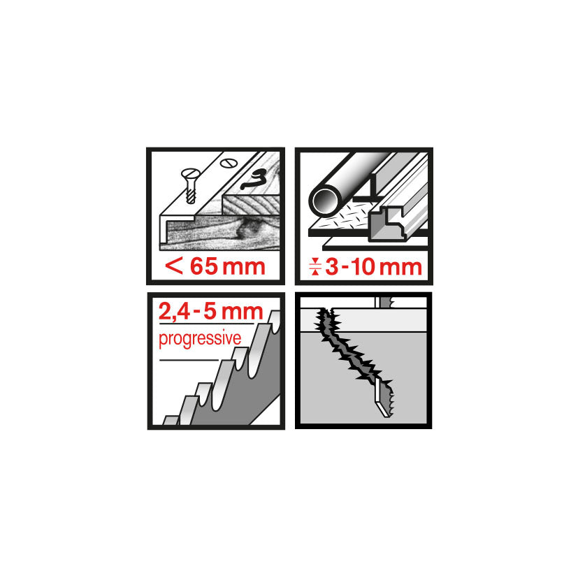 Especificaciones técnicas de corte: madera hasta 65mm, metal de 3 a 10mm y paso de diente progresivo de 2,4 a 5mm.