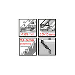 Especificaciones técnicas de corte: madera hasta 65mm, metal de 3 a 10mm y paso de diente progresivo de 2,4 a 5mm.