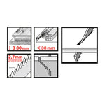 Iconografía técnica de hoja de sierra RATIO: capacidad de corte 3-30mm, paso de diente 2.7mm y corte por inmersión.