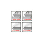 Iconos de capacidad de corte: madera de 4 a 65mm y chapas metálicas de 1 a 3mm para sierras de calar.