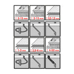 Iconografía técnica de aplicaciones y espesores de corte para hojas de sierra de calar RATIO.