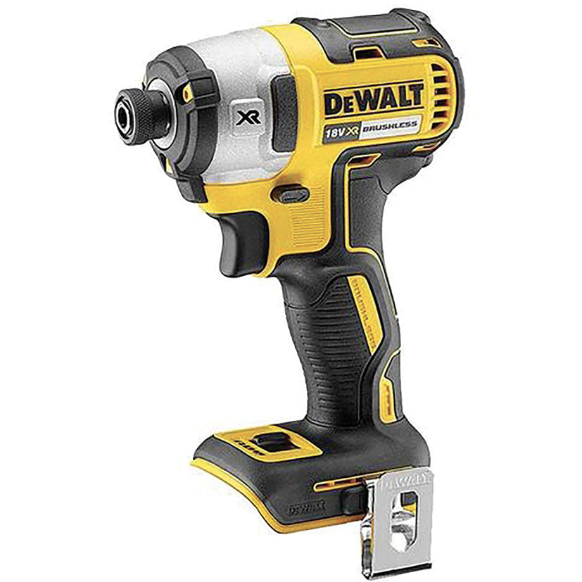 Atornillador de impacto DEWALT DCF801 12V XR Brushless con diseño compacto y gancho para cinturón.