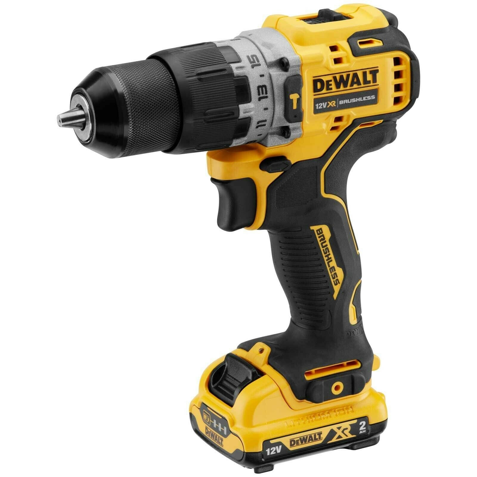 Taladro percutor DEWALT DCD706 12V XR Brushless con portabrocas de 10mm y batería de litio instalada.