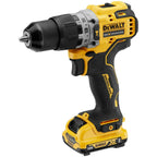 Taladro percutor DEWALT DCD706 12V XR Brushless con portabrocas de 10mm y batería de litio instalada.