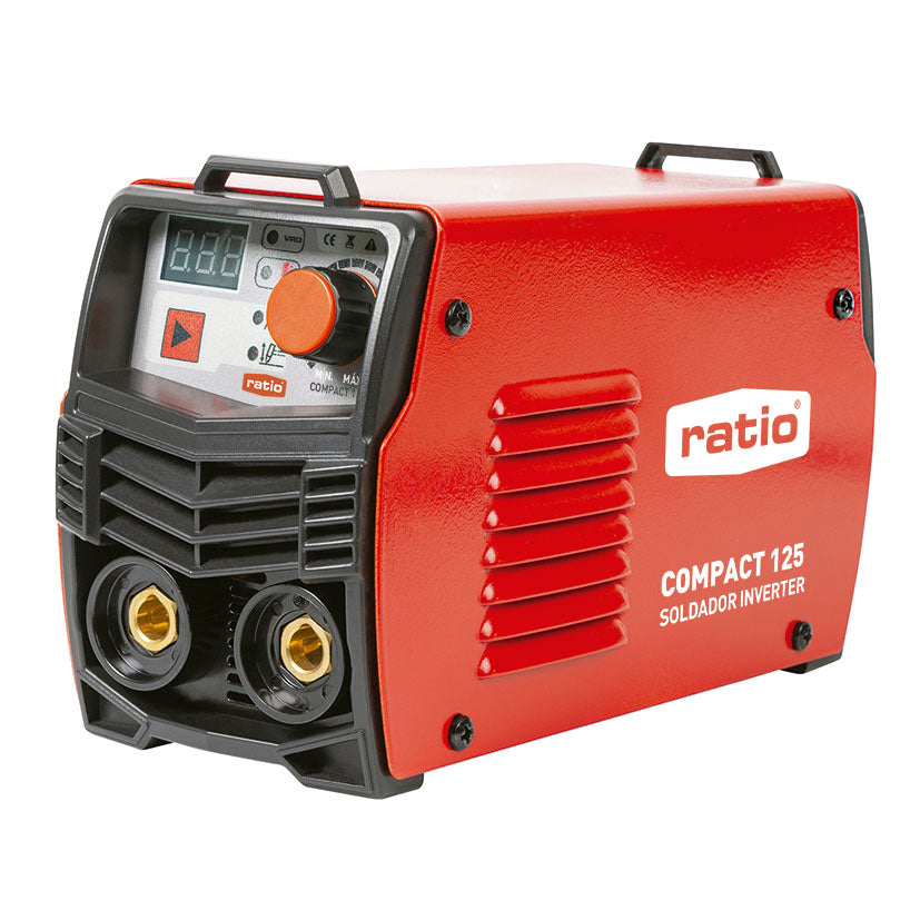 Soldador inverter RATIO Compact 125 color rojo con pantalla digital y controles frontales