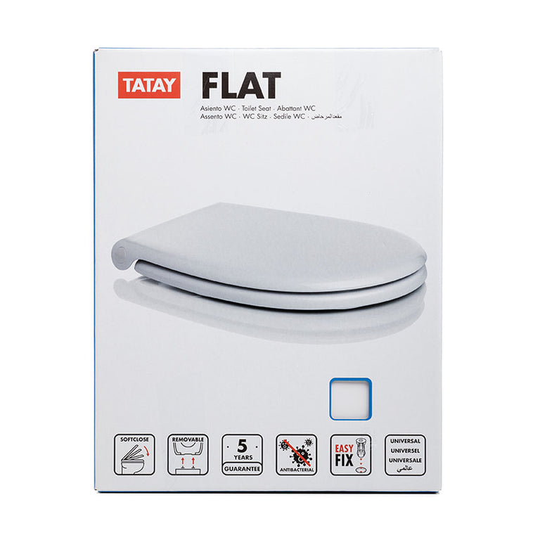 Caja del producto Tapa WC TATAY Flat con iconos de características técnicas