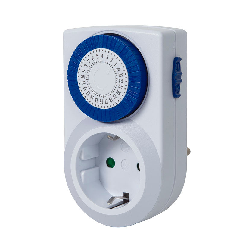 Programador eléctrico manual DUOLEC PM-1 con dial azul de 24 horas y enchufe tipo Schuko