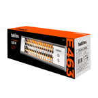 Caja del radiador mural de cuarzo Habitex E463 de 1200W con especificaciones técnicas y diseño de embalaje.