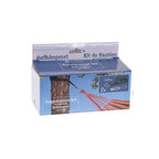 Caja del kit de fijación para hamacas mostrando ejemplo de instalación en un árbol y contenido del paquete de 2 unidades.