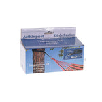 Caja del kit de fijación para hamacas mostrando ejemplo de instalación en un árbol y contenido del paquete de 2 unidades.