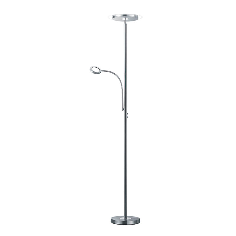 Lámpara de pie LED DUOLEC Twin en metal cromado con foco superior y brazo de lectura flexible