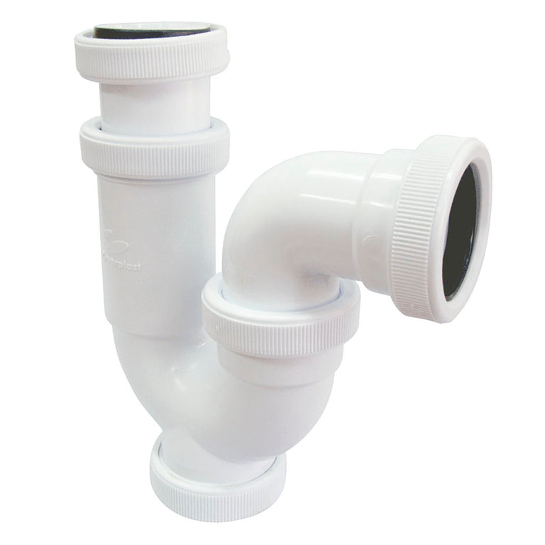 Sifón de fontanería Crearplast C-9 curvo con juntas de estanqueidad y racor de conexión rápida.