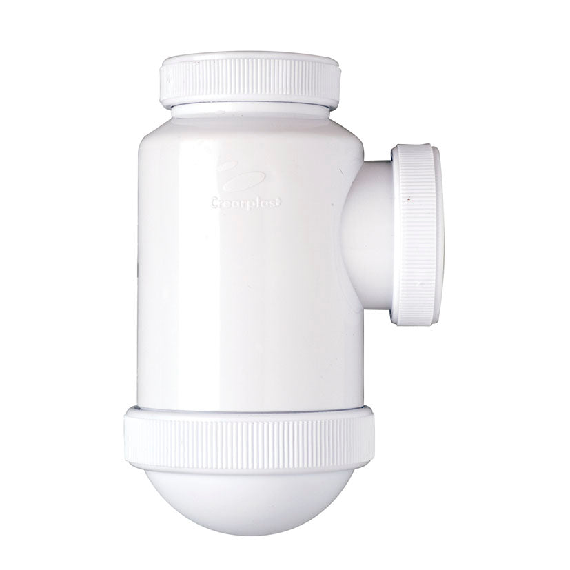 Sifón de botella Crearplast C-3 blanco con salida horizontal de 32mm para evacuación de agua