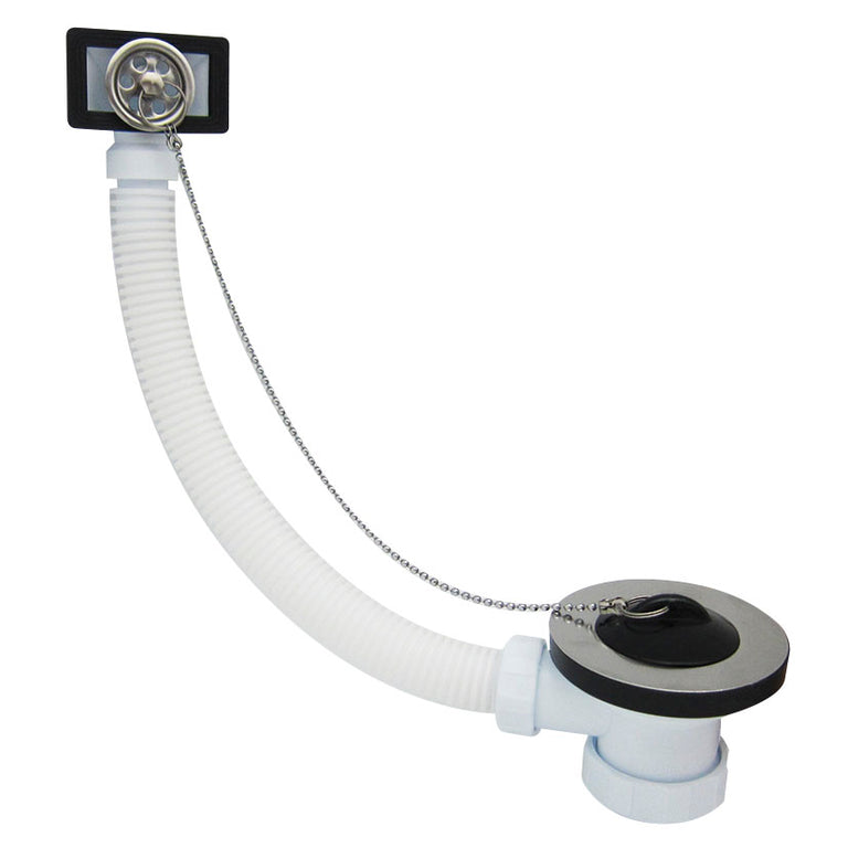 Válvula de desagüe para fregadero CREARPLAST C-81-T con rebosadero flexible de acero inoxidable y tapón con cadena.