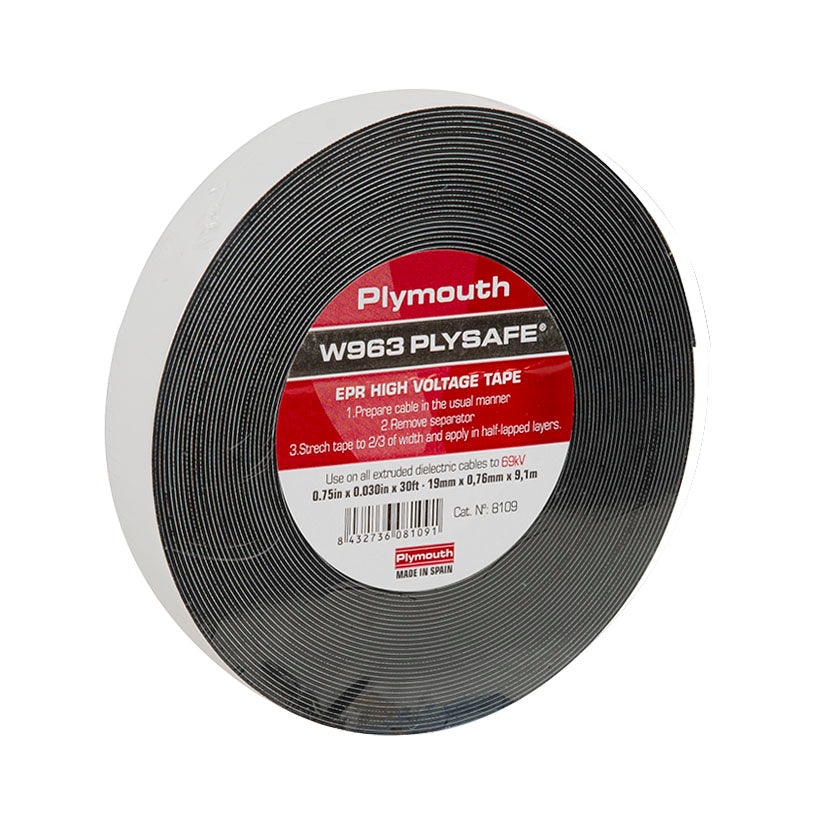Cinta aislante autoamalgamante de caucho EPR Plymouth W963 Plysafe negra para alta tensión 19mm x 9,1m