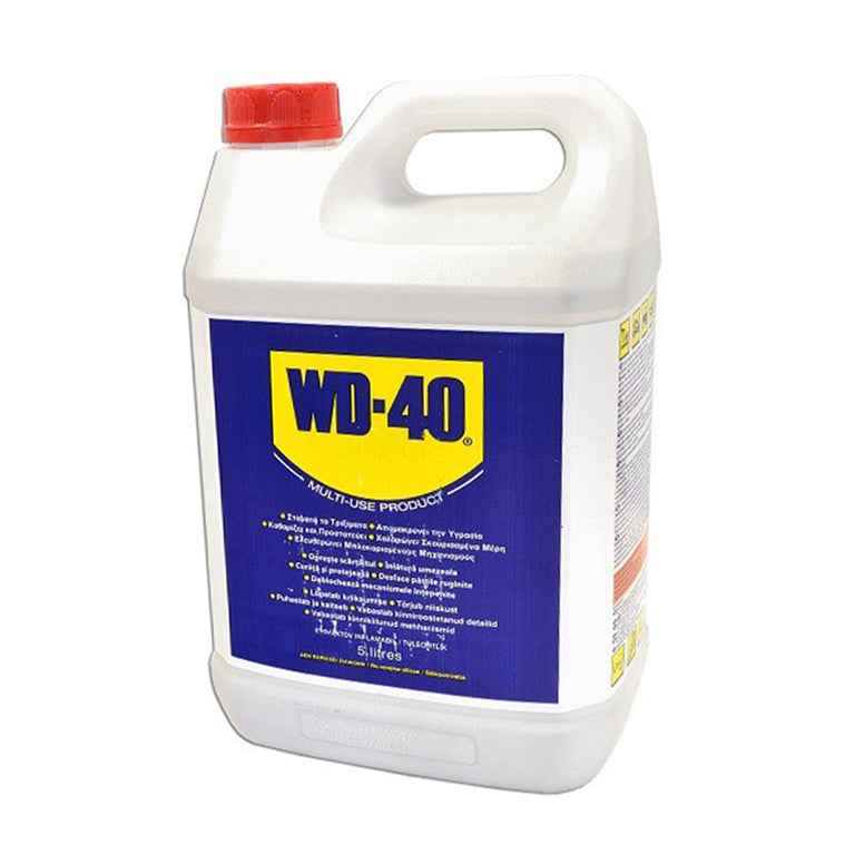 Garrafa de 5 litros de lubricante multiuso WD-40 para uso industrial y profesional.