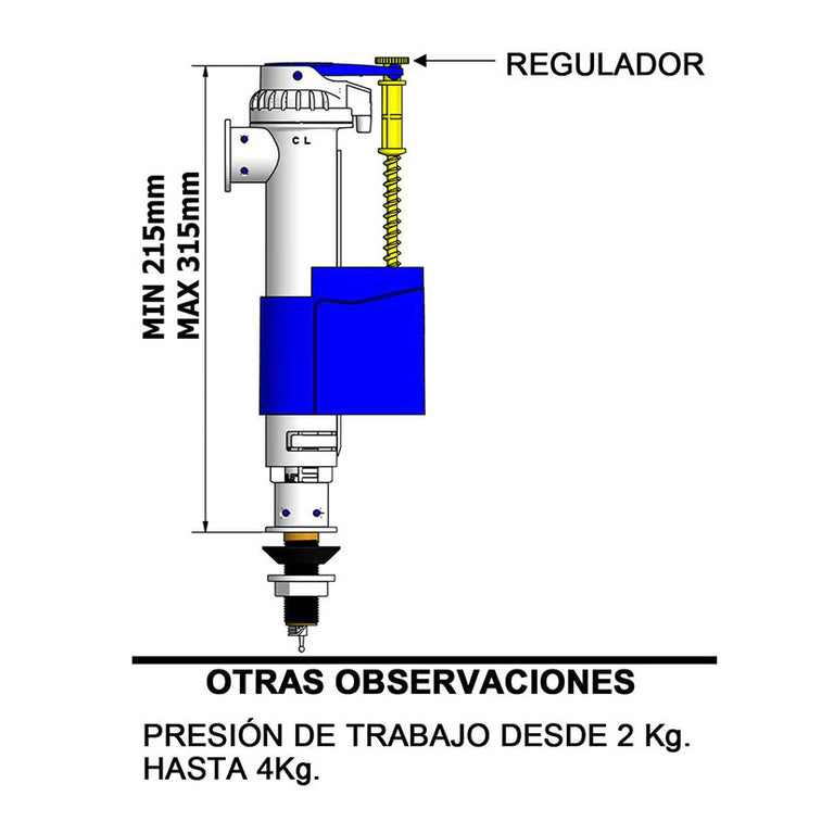 Esquema técnico del grifo Tecnoagua T-469 mostrando medidas telescópicas de 215mm a 315mm y regulador.