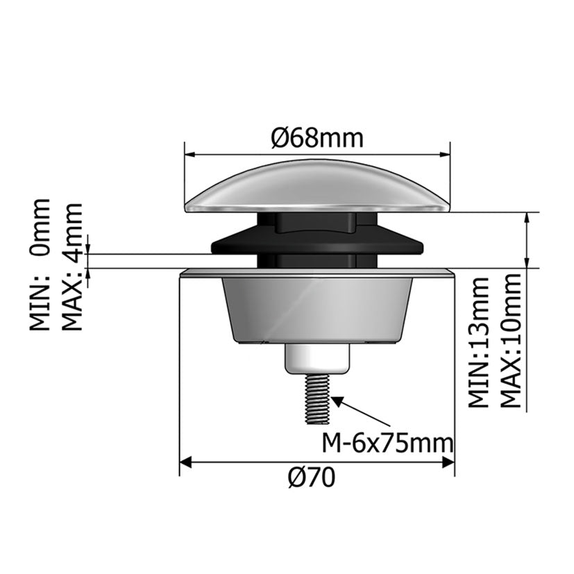 Esquema técnico con medidas de la válvula Tecnoagua T-303: Ø70mm de base y tornillo M6x75mm