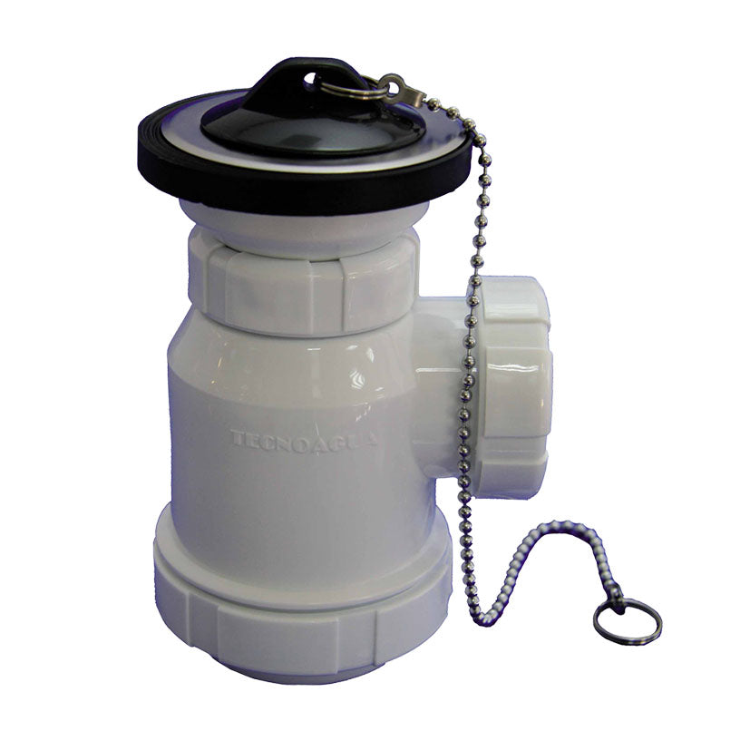 Sifón botella mini Tecnoagua blanco con tapón negro y cadena metálica para lavabo