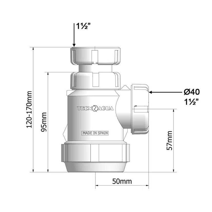 Dimensiones técnicas del sifón Tecnoagua T-4M extensible 120-170 mm
