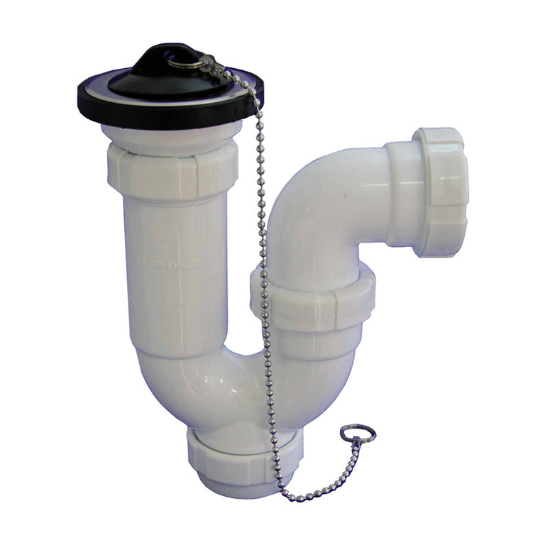 Sifón curvo extensible Tecnoagua T-30C en polipropileno blanco con válvula de Ø70mm y tapón con cadena.