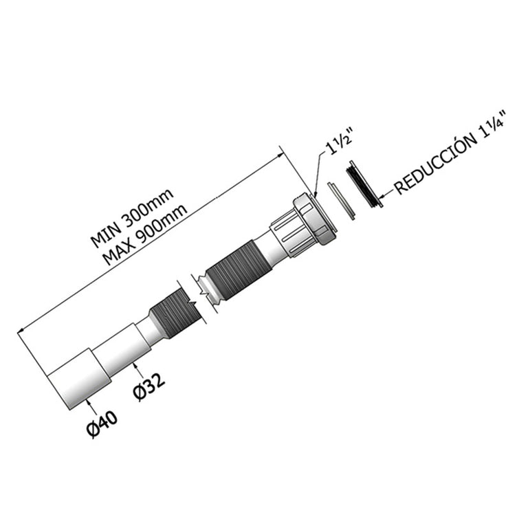 Esquema técnico de sifón extensible Tecnoagua T39-D mostrando medidas de 300 a 900 mm y diámetros ø32-40.