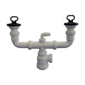 Sifón doble extensible Tecnoagua T-44 blanco con válvulas de 70mm y toma para electrodomésticos.