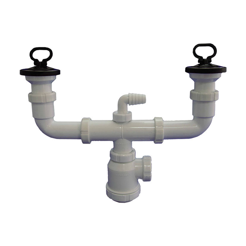 Sifón doble extensible Tecnoagua T-44 blanco con válvulas de 70mm y toma para electrodomésticos.