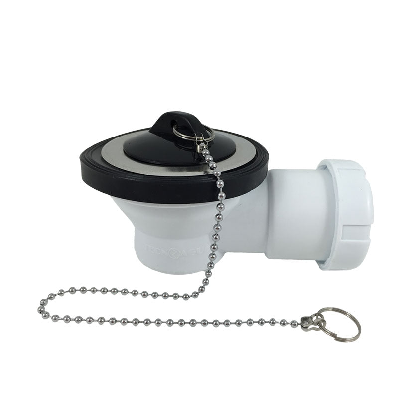 Válvula de desagüe horizontal extra-baja Tecnoagua T-361 con tapón y cadena para lavabo o bidé.