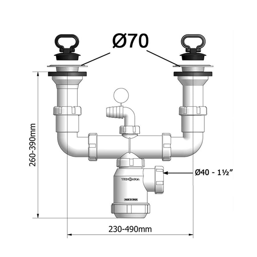 Plano técnico con dimensiones del sifón doble Tecnoagua T-44 indicando rango extensible de 260 a 490mm.