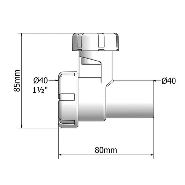 Esquema técnico y dimensiones de válvula Tecnoagua T-245 de 40mm y 1 1/2 pulgadas.