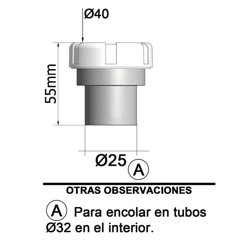 Croquis técnico Tecnoagua T-217 para encolar en tubo interior de 32mm