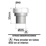 Croquis técnico Tecnoagua T-217 para encolar en tubo interior de 32mm