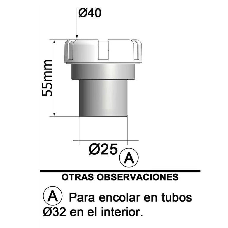 Croquis técnico Tecnoagua T-217 para encolar en tubo interior de 32mm