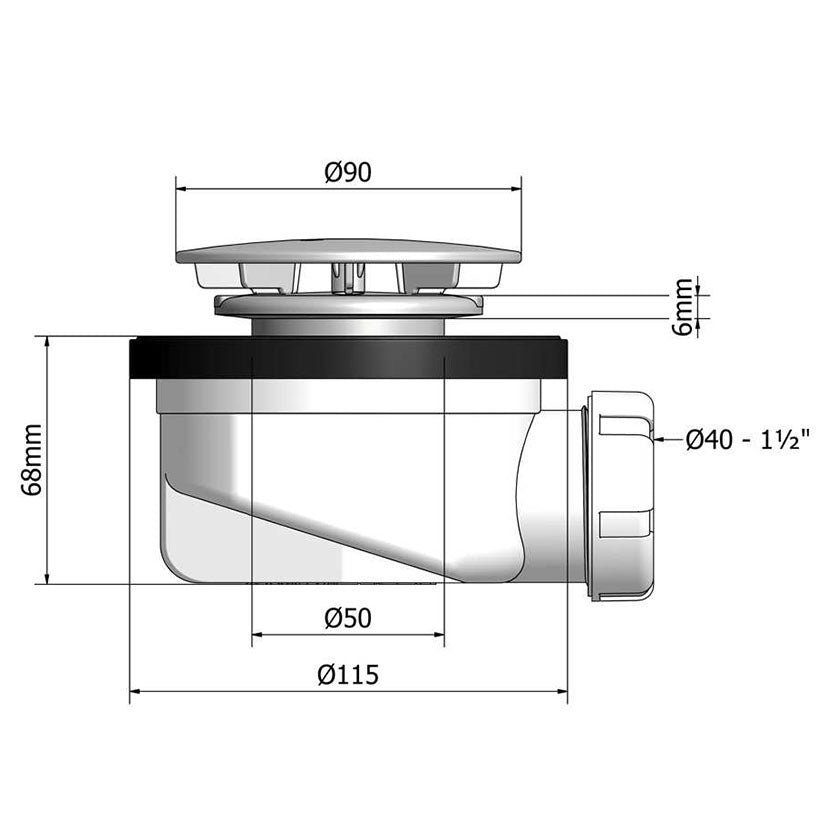Plano de dimensiones de válvula de ducha Ø90 mm con altura de 68 mm y salida de 1 1/2 pulgadas.