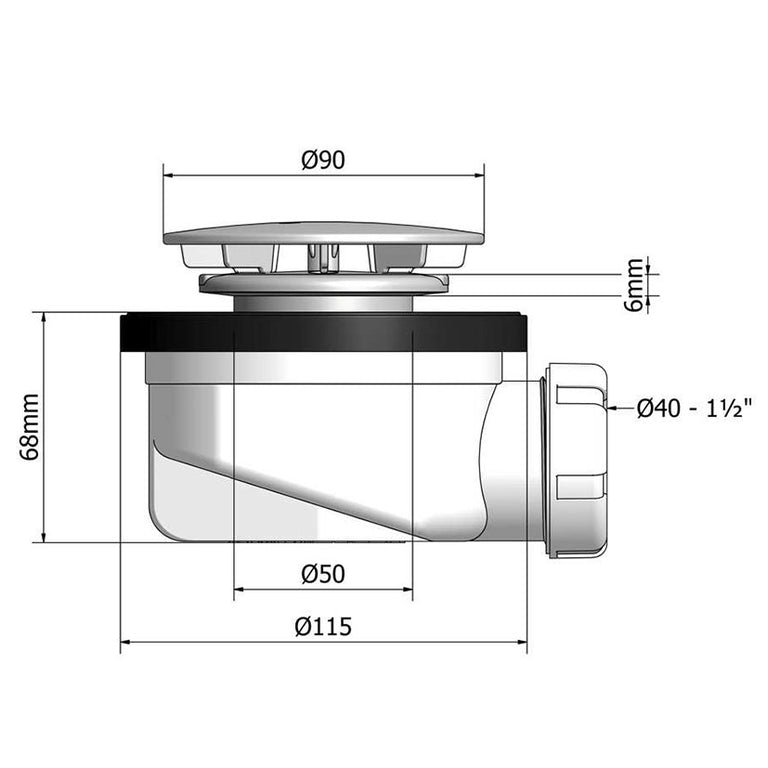 Plano de dimensiones de válvula de ducha Ø90 mm con altura de 68 mm y salida de 1 1/2 pulgadas.