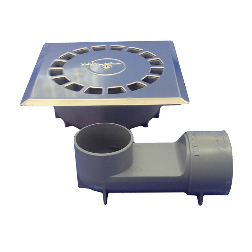 Sumidero sifónico Tecnoagua T-88 VHI con rejilla de acero inoxidable y cuerpo de PVC gris para evacuación de agua.