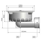 Plano técnico con medidas detalladas del sumidero Tecnoagua T-88 VHI: 105mm de ancho y salida de 40mm.
