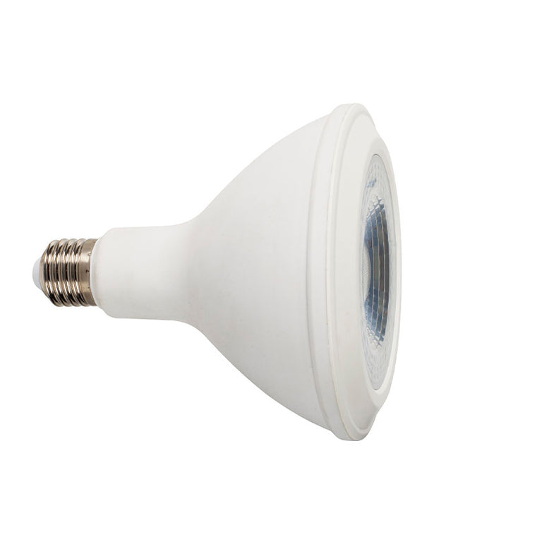 Bombilla LED PAR38 DUOLEC blanca con casquillo E27 vista de perfil