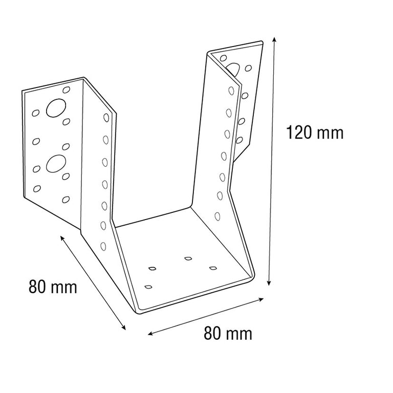 Plano técnico con medidas 80x80x120 mm de soporte para viga de madera