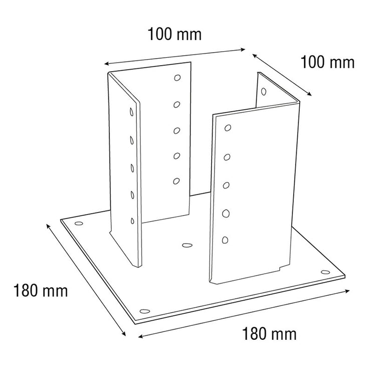 Esquema técnico de soporte para poste de 100x100 mm con placa base de 180x180 mm y cotas de instalación.