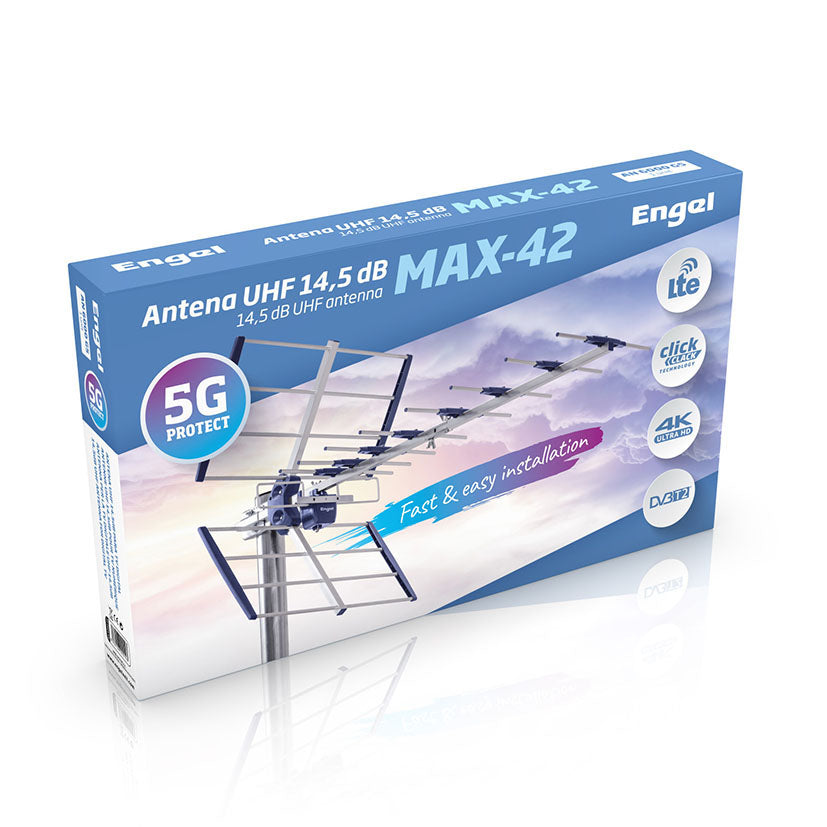 Caja del producto Antena UHF Engel MAX-42 con especificaciones de filtro 5G, LTE y resolución 4K.