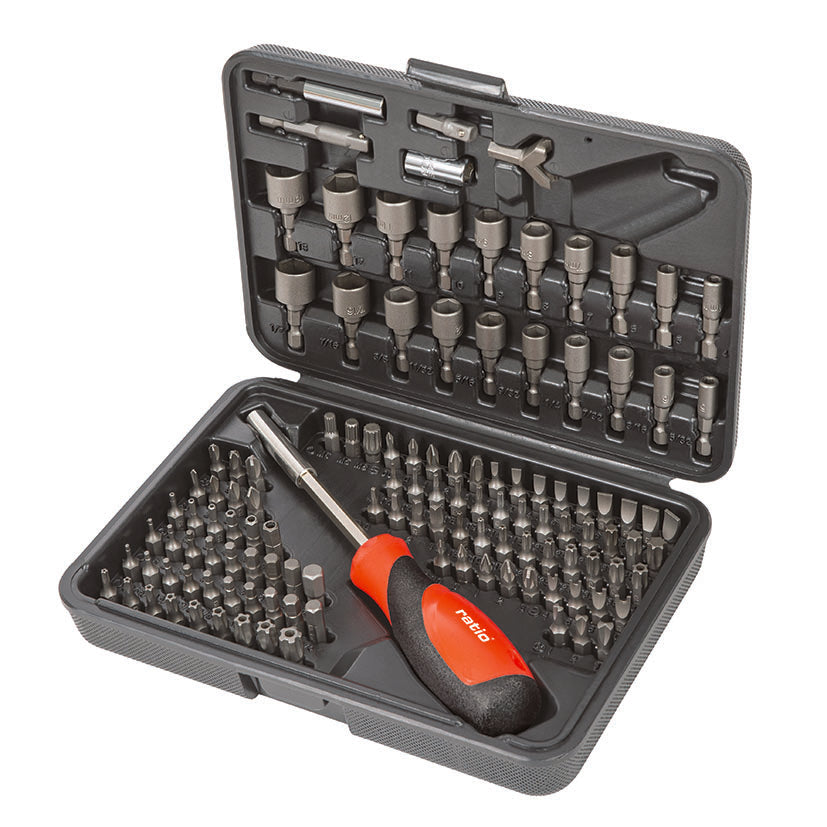 Maletín abierto RATIO 6642 con 122 puntas de seguridad, vasos y mango ergonómico en acero cromo-vanadio.